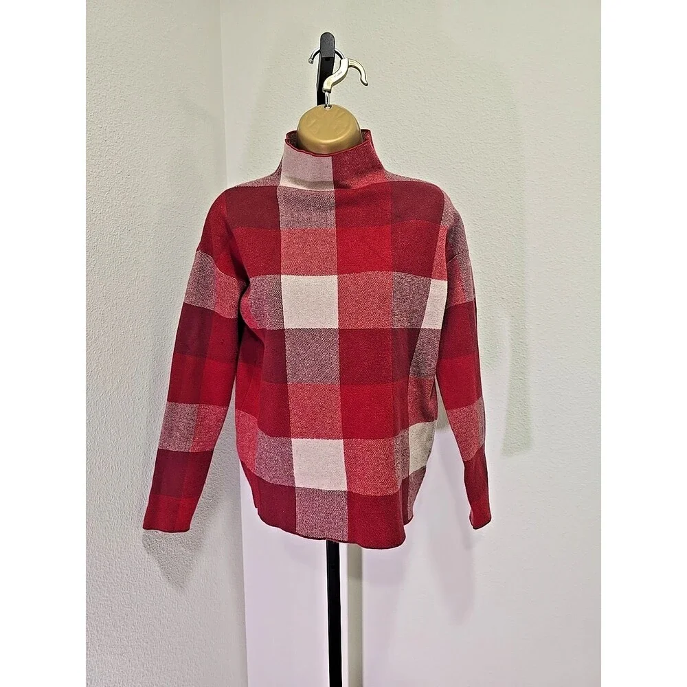 Mock Neck Sweater Red Plaid Pullover Womens Small Cabincore Cozy Academia Preppy